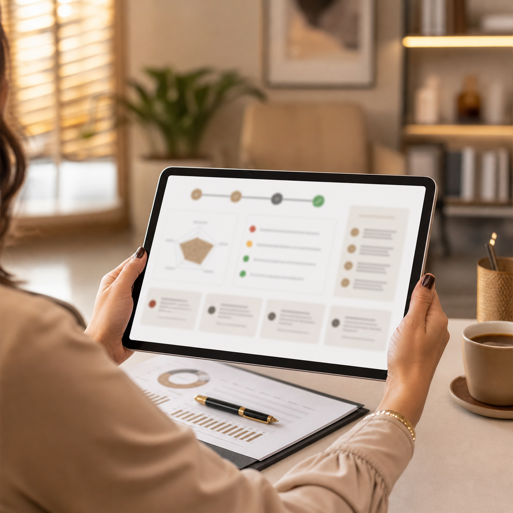 Empreendedora segurando um tablet com gráficos do Teste do Gargalo